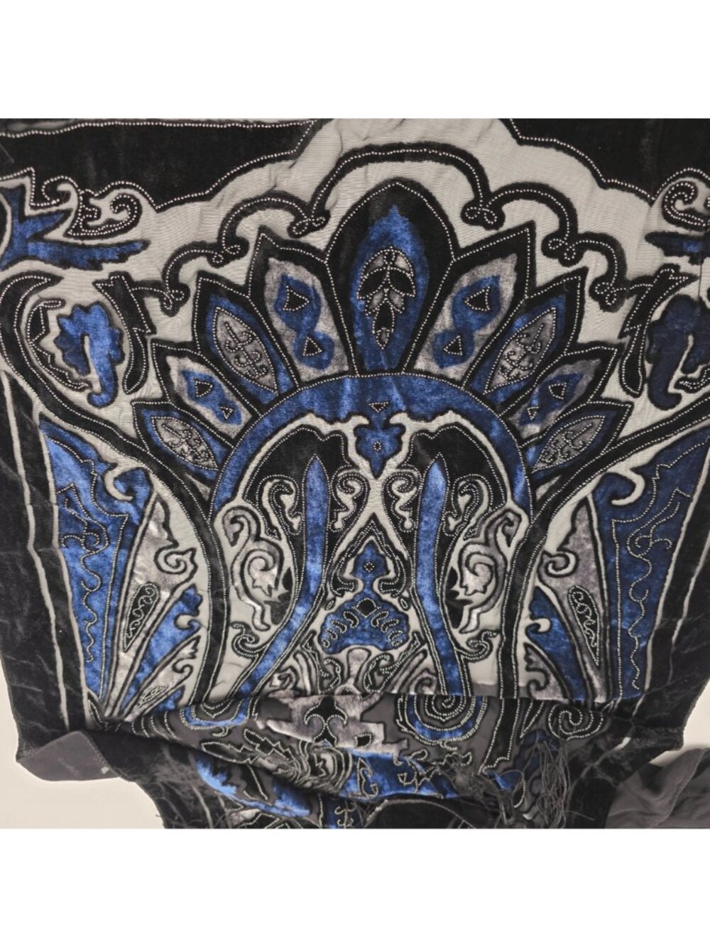 Velvet Embroidered Black & Blue Paisley Scarf With Fringe 20"x62" - Picture 3 of 6